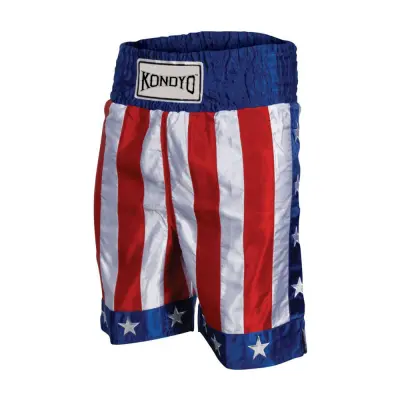 Professional Boxing Shorts KON-221 – Patriotic Stars & Stripes Satin Trunks | Custom Apparel Manufacturer